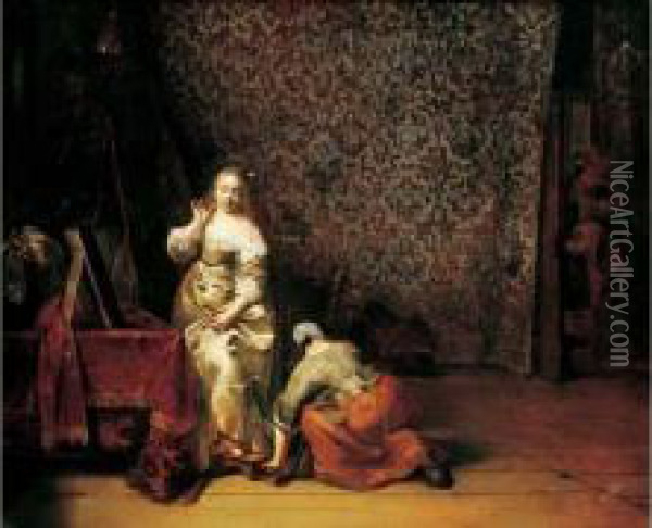 Une Dame Et Sa Servante Dans Un Interieur Hollandais. Oil Painting - Pieter Codde