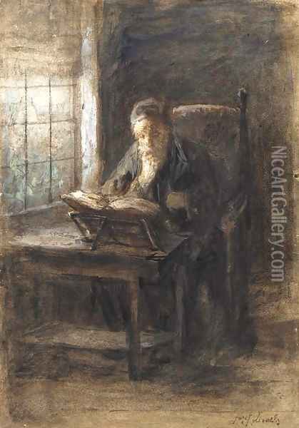 A rabbi reading by a window Oil Painting - Jozef Israels