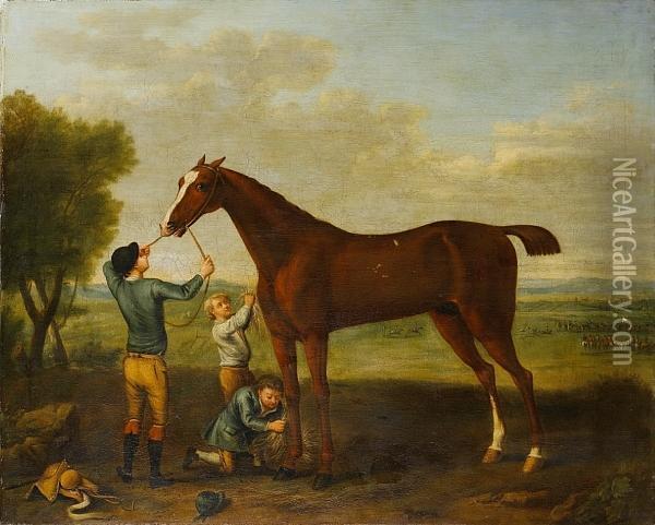 Lord Essex's Smiling Ball Held 
By His Jockey,being Rubbed Down After His Victory In The Race Depicted 
In Thedistance Oil Painting - John Wootton