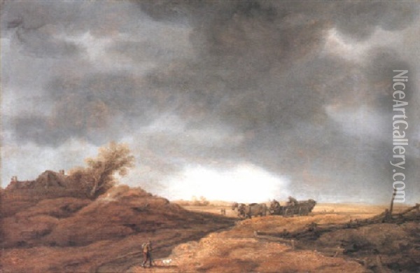 Dune Landscape With A Peasant And His Dog Oil Painting - Jacob Van Der Croos