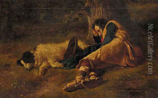A shepherd and his dog taking a nap under a tree Oil Painting - Italian School