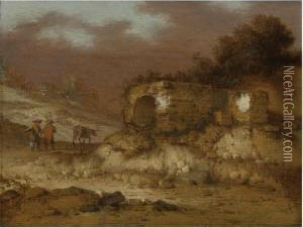 Prorperty From A Private Collection
 

 
 
 

 
 A Landscape With Ruins And Figures Driving A Donkey Oil Painting - Jacobus Sibrandi Mancandan