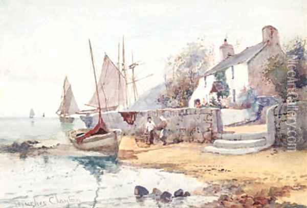 Figures and Fishing Vessels in a Harbour thought to be Anglesey Oil Painting - Joseph Hughes Clayton