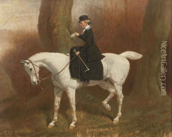 White Mare With A Lady Riding Sidesaddle, Hiding A Love Letter In A Tree Oil Painting - Basil Nightingale