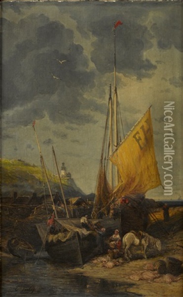 Fishing Boats On The Shore Oil Painting - Louis-Gabriel-Eugene Isabey