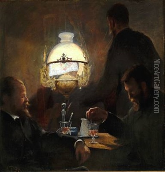 Paa En Cafe (interior With Painter Chr. Clausen And Chief Of Section Erik Reinhardt) Oil Painting - Laurits Andersen Ring
