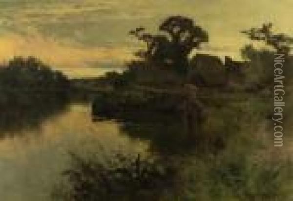 Flussbiegung Mit Drehbrucke Vor Wassermuhle In Abendstimmung Oil Painting - John Horace Hooper