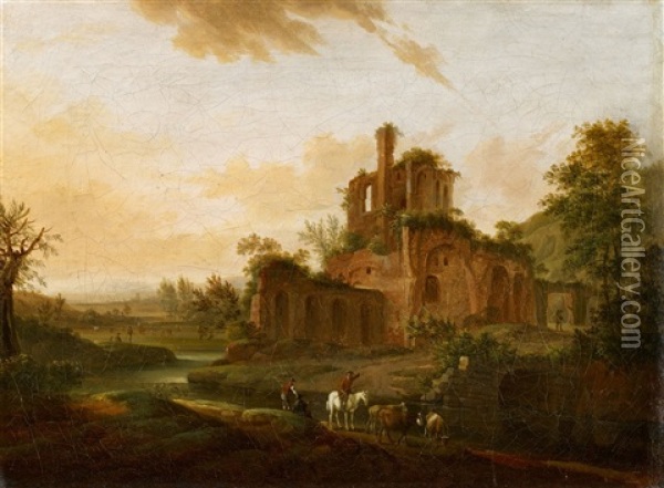 Southern Landscape With Travellers And Ruins Oil Painting - Johann Friedrich Weitsch