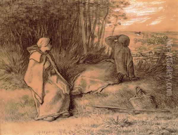Shepherdesses Seated In The Shade Oil Painting - Jean-Francois Millet