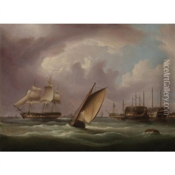 American Frigate And English Prison Hulks Oil Painting - James Edward Buttersworth
