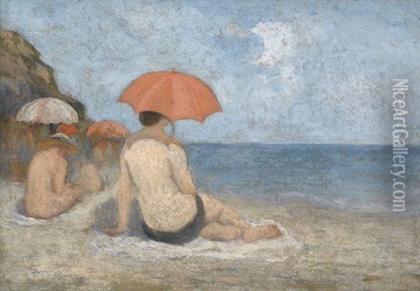 Frau Mit Rotem Sonnenschirm An Einem Normannischen Strand Oil Painting - Ion Tincu