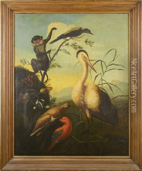 A Monkey With A Heron And Other Birds In A Landscape Oil Painting - Ferdinand van Kessel