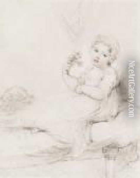 A Child, Seated On A Sofa, Holding A Posy Of Flowers Oil Painting - Richard Cosway