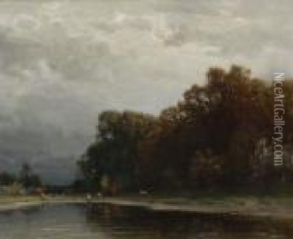 Kuhe Am Wasser In Herbstlicher Baumlandschaft. Oil Painting - Ludwig Willroider