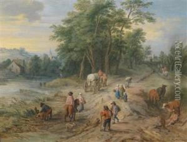 Travellers On A Country Road; And A Traveller In A Rocky Landscape Oil Painting - Theobald Michau