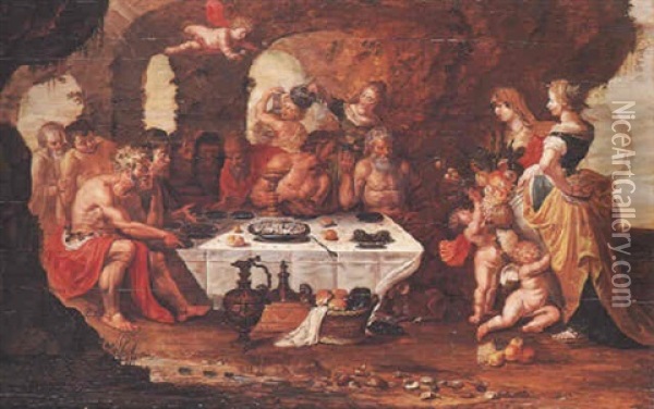 Divinita Dell'olimpo A Banchetto; A Destra, Cercere E Prosperina Oil Painting - Hendrick De Clerck