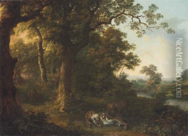 Lions And Leopards In A Wooded Landscape, By A Stream Oil Painting - George Barret