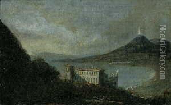 Blick Auf Die Villa Quisisana 
Und Den Golf Von Neapel. Im Hintergrund Der Rauchende Vesuv. Oil Painting - Johan Christian Clausen Dahl