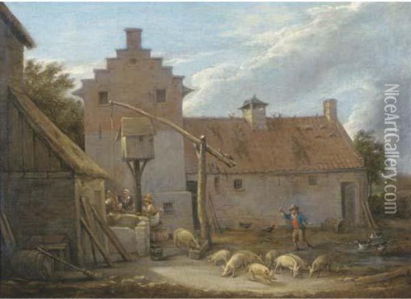 A Farmyard With Pigs And Ducks By A Pool, With Peasants At A Nearbywell Oil Painting - David The Younger Teniers