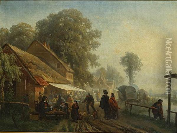 Marche Au Bord De La Riviere Oil Painting - Florent Nicolas Crabeels