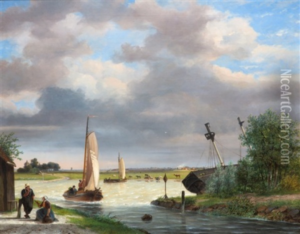 Busy Day On The River And A Shipyard Near Kampen Oil Painting - Nicolaas Johannes Roosenboom