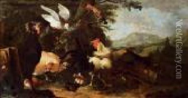 Geflugel, Eine Taube Und Ein Wiedehopf In Einer Landschaft Oil Painting - Melchior de Hondecoeter