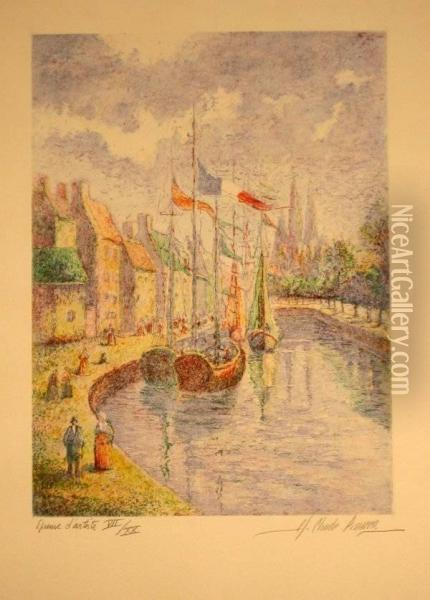 Title: Le Port De Quimper Oil Painting - Claude Honore Hugrel