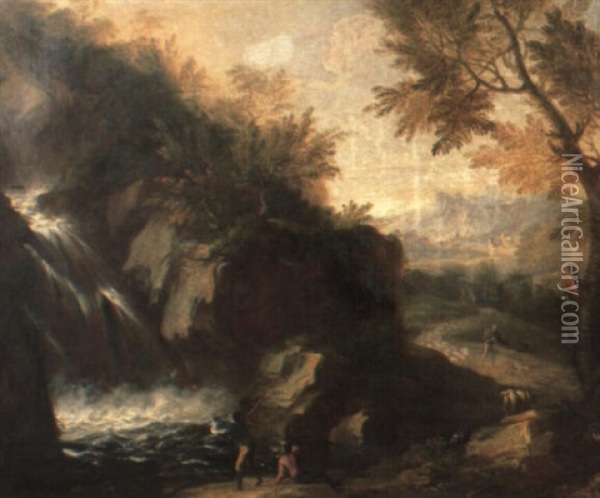 Arcadian Landscape With Figures Fishing Beside A Waterfall Oil Painting - Pandolfo Reschi