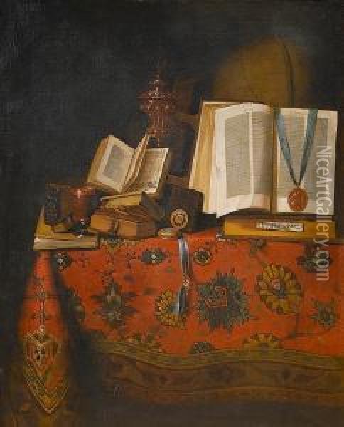 A Vanitas Still Life With Books,
 A Globe And A Silver-gilt Beaker And Cover, On A Table Draped With A 
Turkish Carpet Oil Painting - Pseudo Roestraten