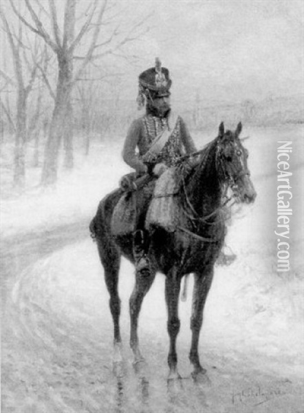 Officer On Horseback In A Winter Landscape Oil Painting - Jan van Chelminski