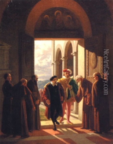 Noblemen Entering A Monastery Oil Painting - Enrico Fanfani
