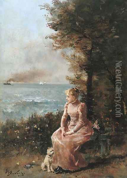 A Young Girl Seated by a Tree Oil Painting - Alfred Stevens