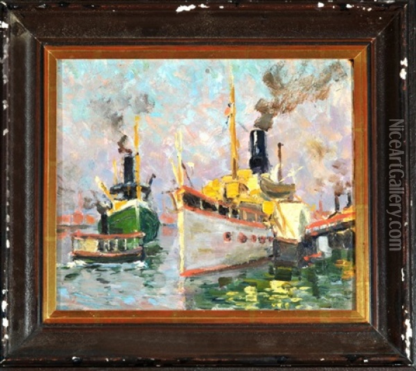 Dampfschiffe Im Hafen Oil Painting - Robert Franz Curry