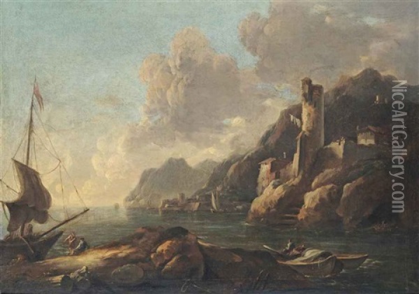 A Rocky Coastal Landscape With A Fortified Tower And An Anchored Boat Oil Painting - Antonio Stom