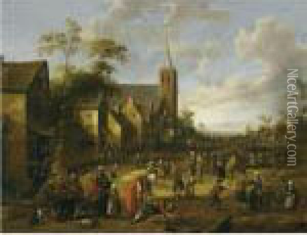 A Busy Village Street With 
Numerous Figures, Peasants Eating Anddrinking At A Table In The 
Foreground, A Church Tower Beyond Oil Painting - Joost Cornelisz. Droochsloot