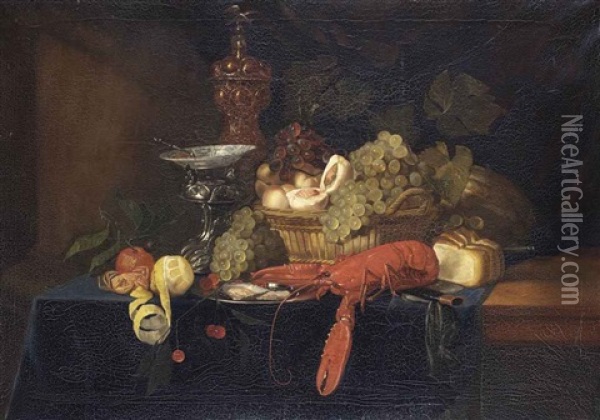 An Orange, A Lemon, Grapes, A Silver Standard With A Porcelain Plate, A Golden Cup, Oysters On A Pewter Plate, A Lobster, A Fruit Basket Oil Painting - Pieter de Ring