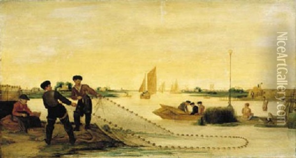 A River Landscape With Two Fishermen Pulling In Their Nets, With Bathers Beyond Oil Painting - Arent (Cabel) Arentsz
