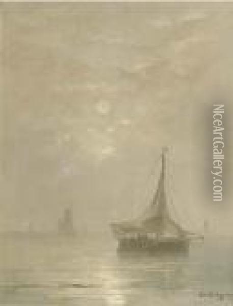 A Calm: Bomschuiten At Sea On A Hazy Afternoon Oil Painting - Hendrik Willem Mesdag