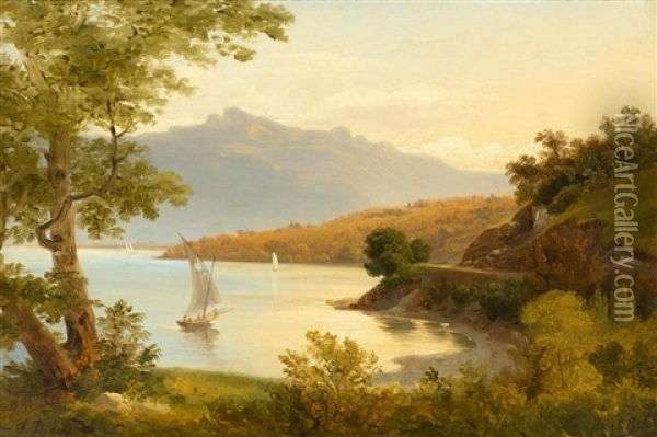 Swiss Lake Landscape, Probably A View From Meiringen Towards Lake Brienz Oil Painting - Francois Diday