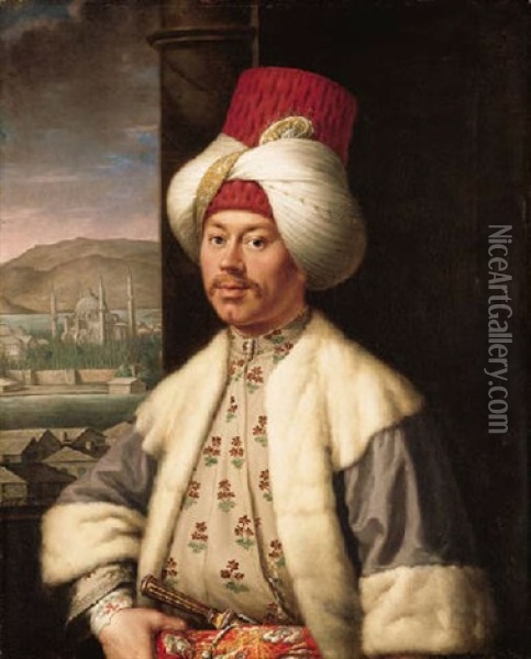 Portrait Of A Gentleman In Ottoman Dress, With A Jewelled Dagger In His Belt, Standing By A Window, A Palace Beyond Oil Painting - Antoine de Favray