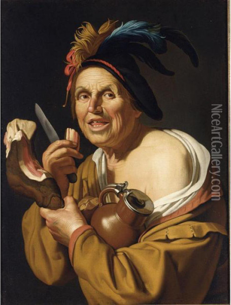 A Man Eating Ham And Holding A Jug Oil Painting - Gerrit Van Honthorst