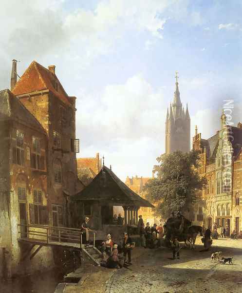 Figures In A Street In Delft Oil Painting - Cornelis Springer