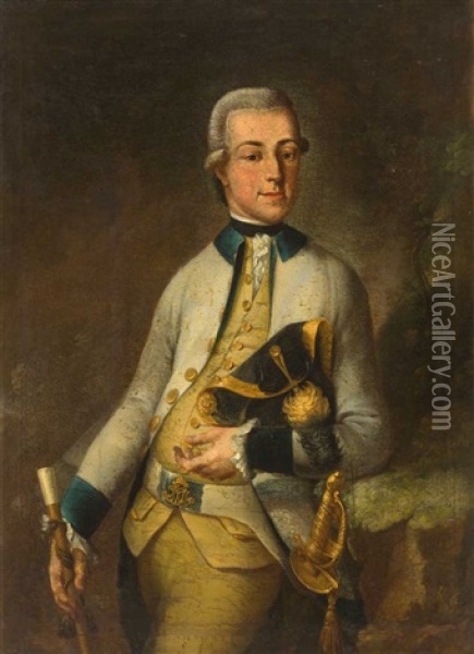 Portrait Eines Adeligen Mit Degen Und Stock, Gekleidet In Den Farben Des Eichstatter Hofes Oil Painting - Johann Michael Franz