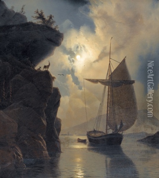 Boot Im Felsigen Fjord Bei Mondschein Oil Painting - Knud Andreassen Baade