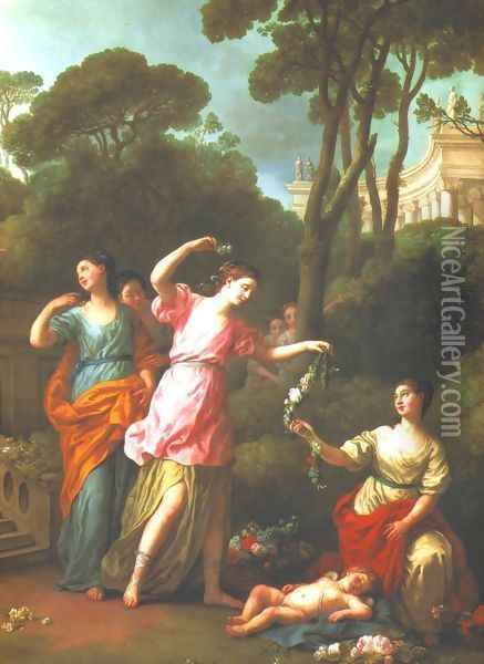 Young Greek Maidens Deck Sleeping Cupid With Flowers Oil Painting - Joseph-Marie Vien