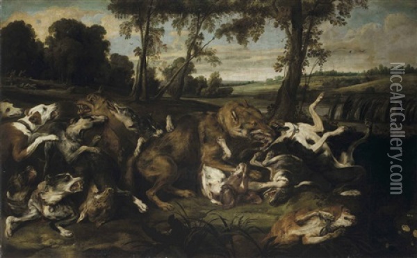 A Wolf Hunt With Hunters Emerging From A Forest Beyond Oil Painting - Frans Snyders