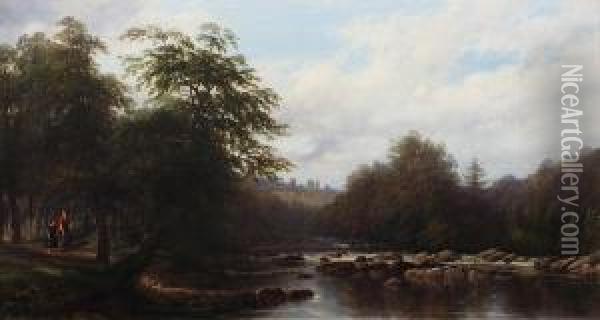 On The Usk Above Brecon Oil Painting - Thomas Baker Of Leamington