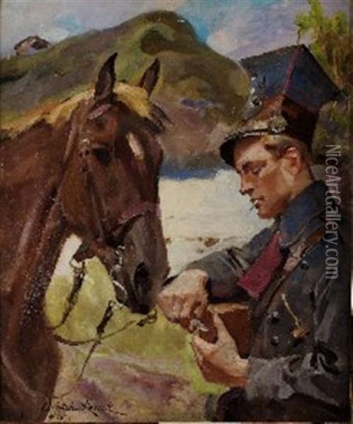 Karmienie Konia Oil Painting - Woiciech (Aldabert) Ritter von Kossak