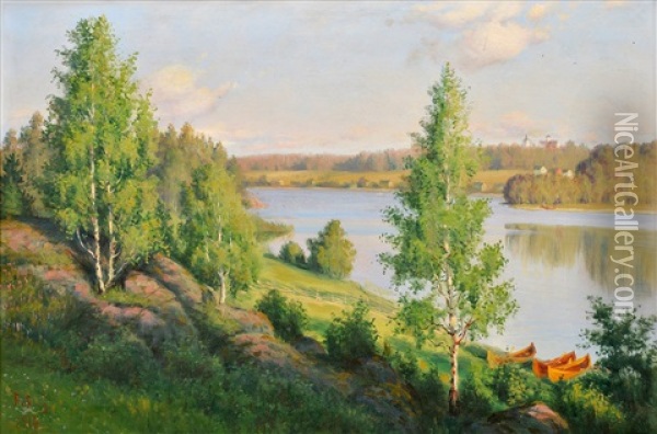 Summer Landscape With Rowing Boats Oil Painting - Felix Frang-Pahlama