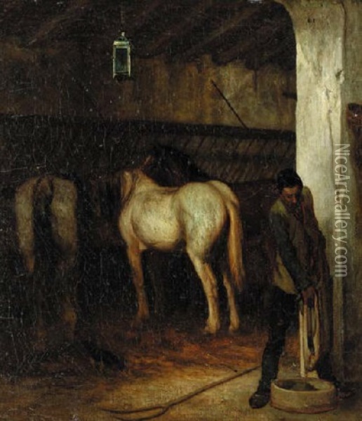 In The Stable Oil Painting - Alexandre Gabriel Decamps